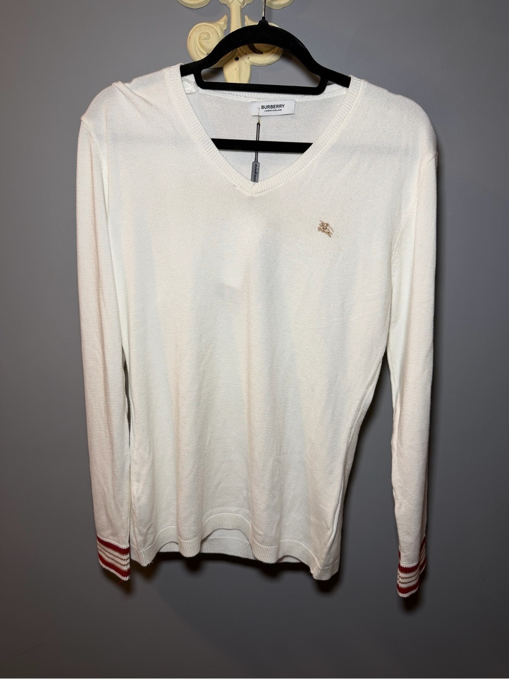 Burberry Cream V-Neck Long Sleeve Top with Red Stripe Cuffs